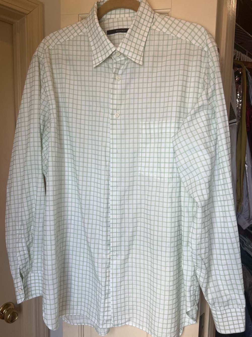 Billy Reid Men’s White & Light Green Windowpane Dress Shirt